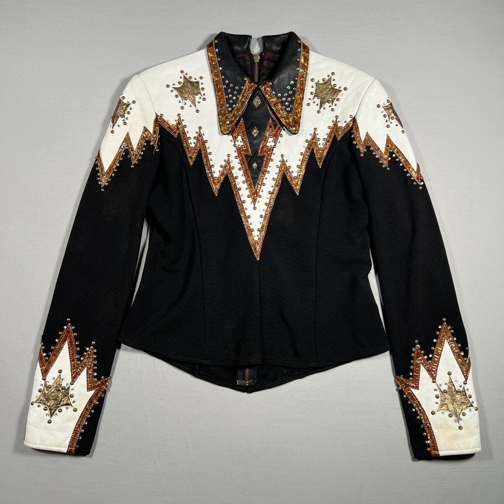 TLC Tricia's Leather Collection Western Show Jacket Black White Gold Star Stud M